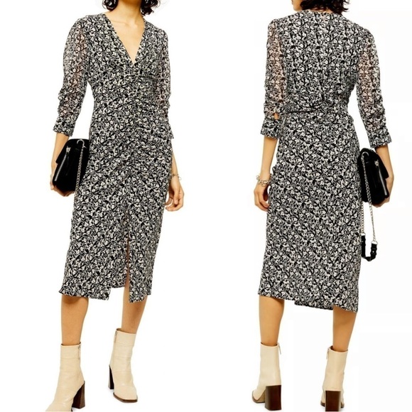 TOPSHOP Ruched Floral Print midi Dress black white size 4 - Picture 1 of 7